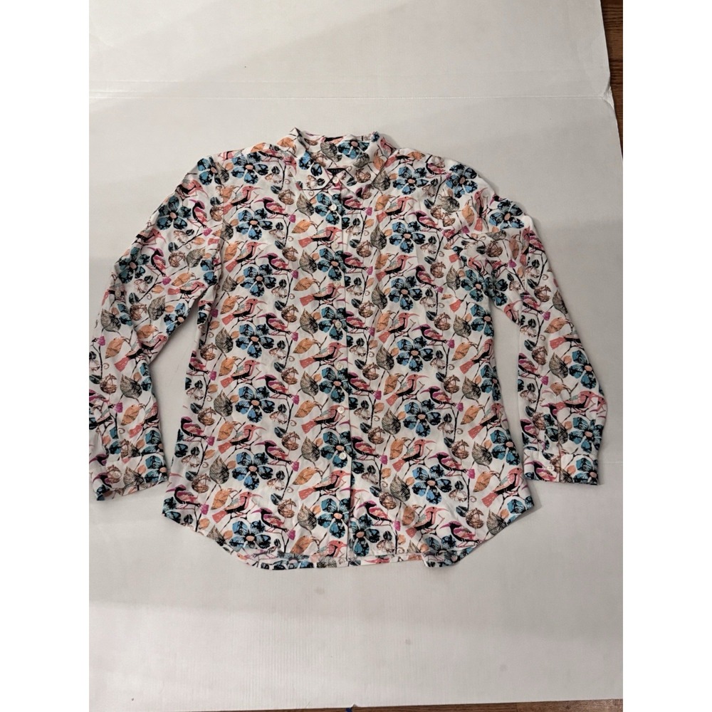 Talbots Petites Bird Floral Print Button Down Shirt Rayon Blouse Multi SP